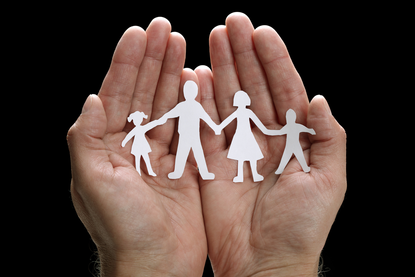 Cutout paper chain family with the protection of cupped hands, c